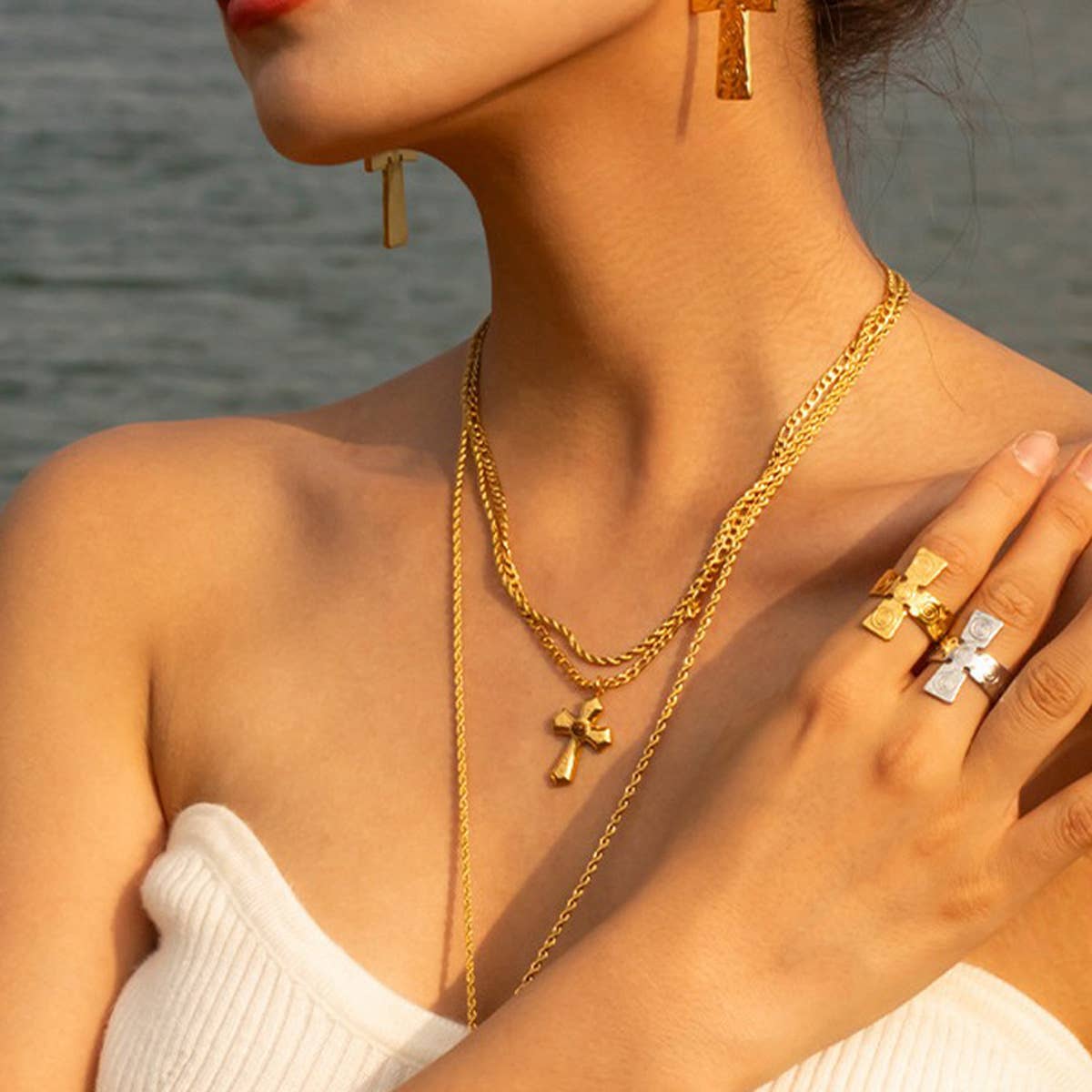 FRENCH PLEATED GOLD CROSS DOUBLE NECKLACE_CWAJE1899