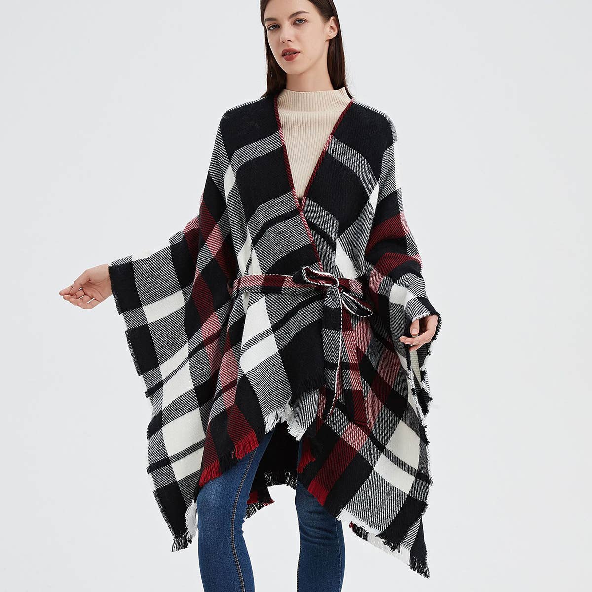 GEOMETRIC BLACK AND RED SHAWL WITH SPLIT HOOD_CWASC0263