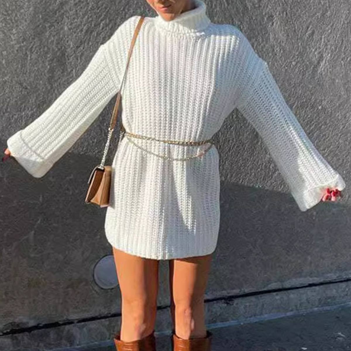 Turtleneck Long-Sleeved Loose Knit Sweater Dress
