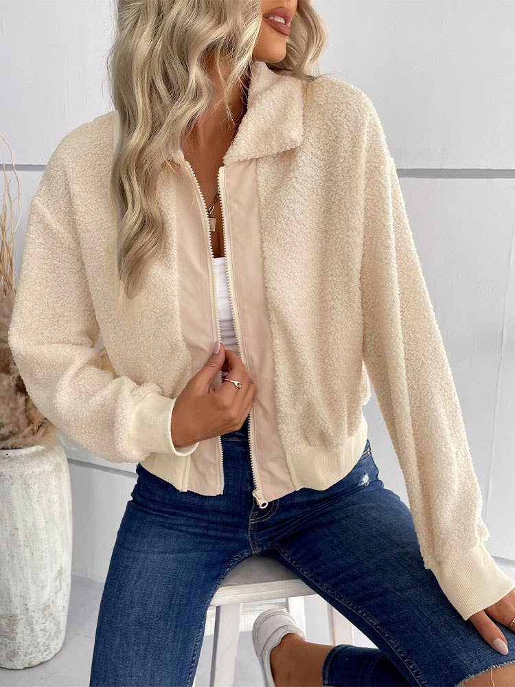 Solid-Color Polar Fleece Lapel Zipper Jacket