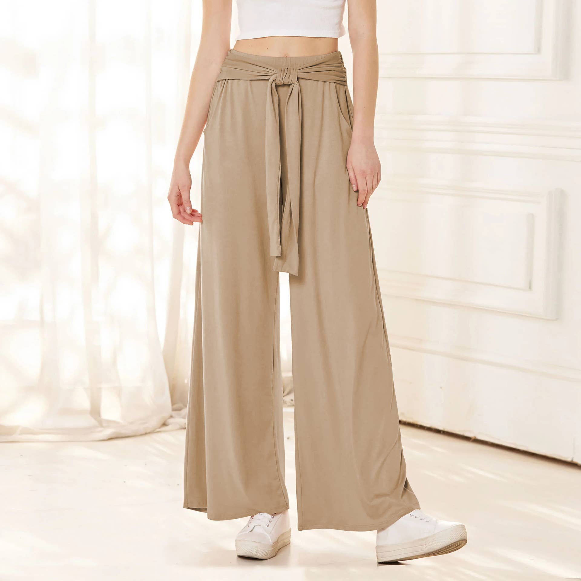 Solid Color Sag All-In-One Lace-Up Wide-Leg Pants
