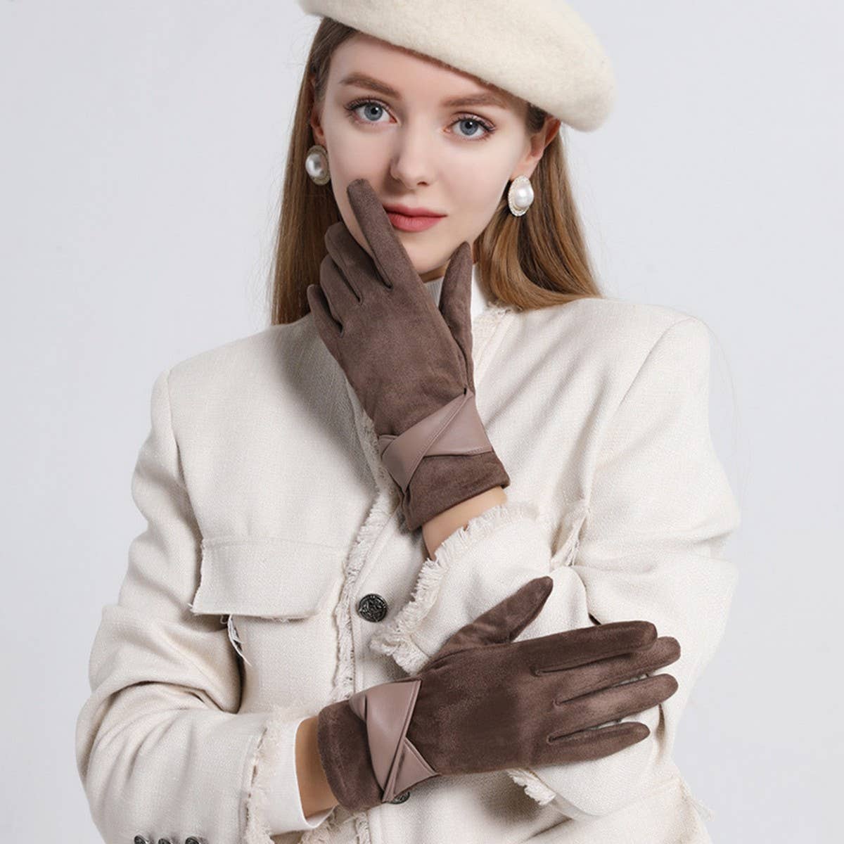 BOW SUEDE GLOVES TOUCHSCREEN WARM WINTER DESIGN_CWMM2883