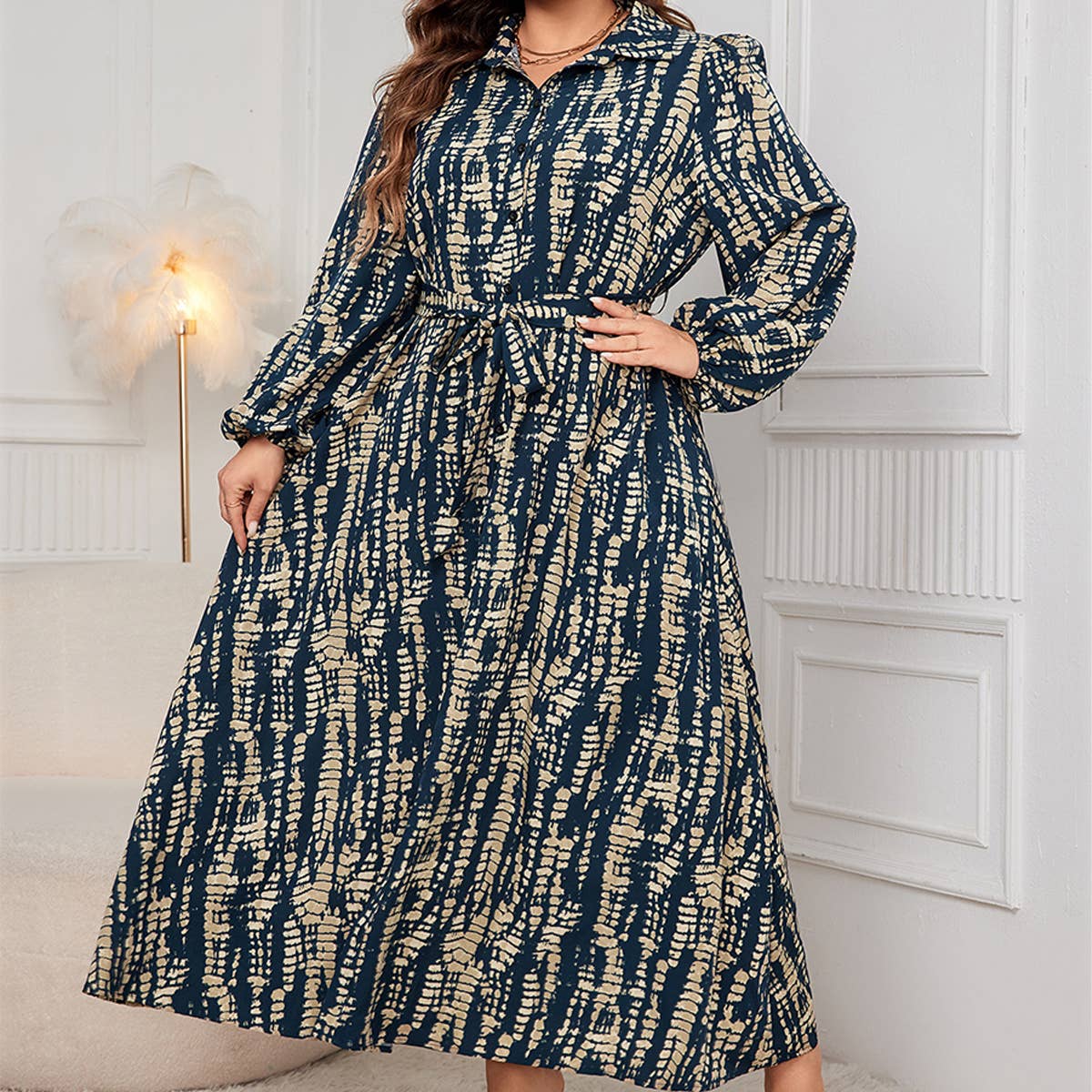 PLUS SIZE PRINTED DRESS POLO COLLAR LONG SLEEVE_CWDMD5969