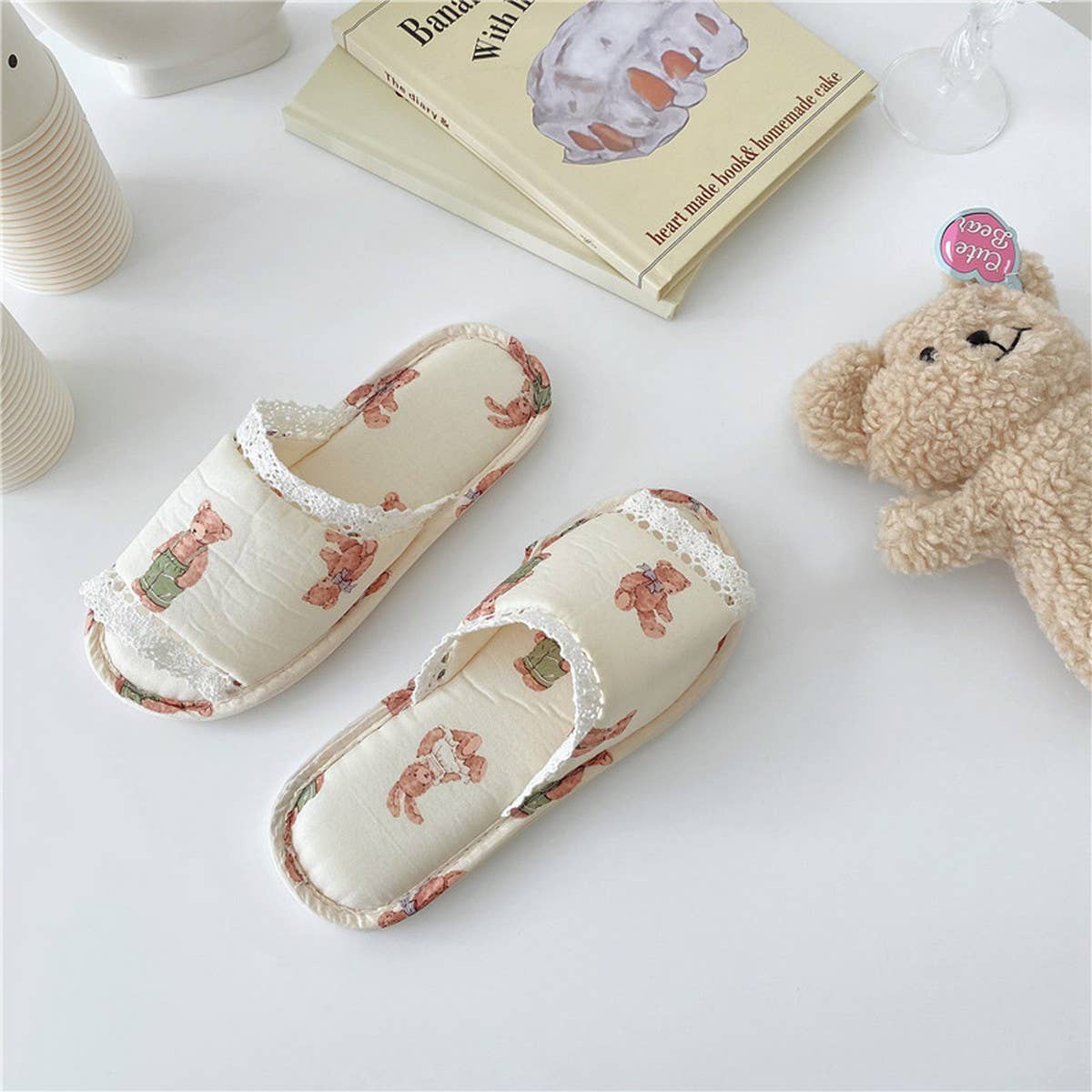 Vintage Lace Rabbit Bear Open Toe Home Slippers_Cwmm2978