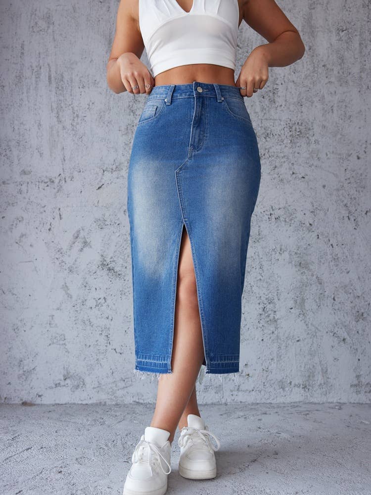 Split Hip Wrap A-Line Skirt Trend Blue Skirt