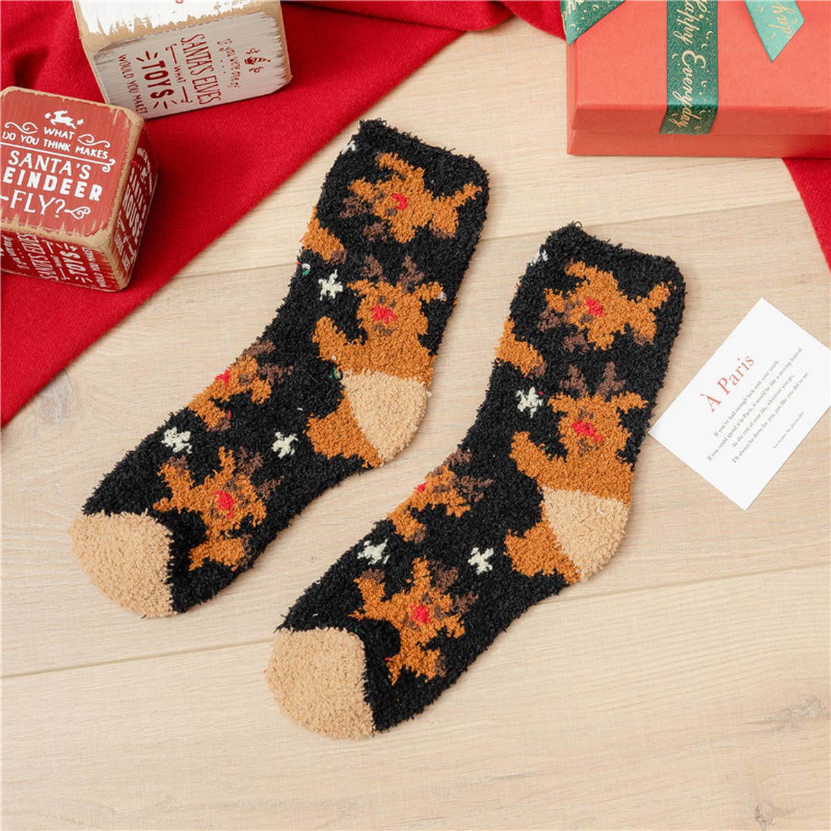 SANTA CLAUS ELK CORAL VELVET SOCKS_CWMS0336