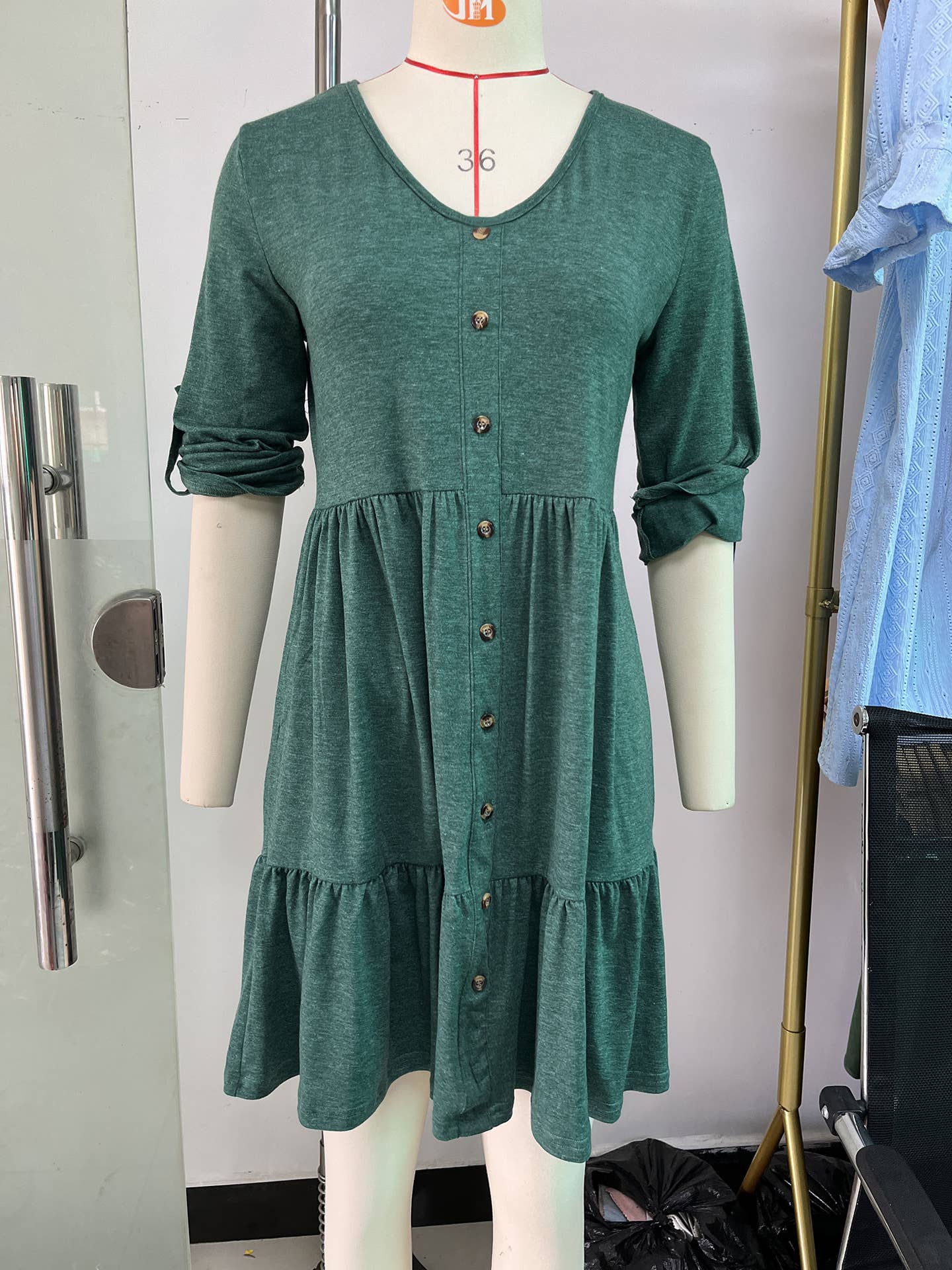 Solid Color Crew-Neck Button Mid-Length Dress