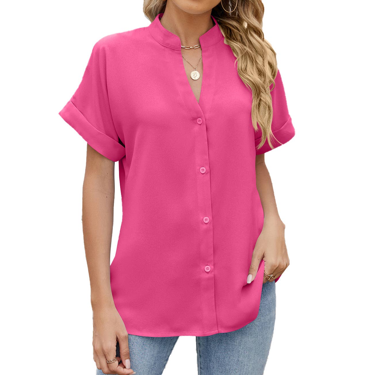 Solid Color V-Neck Short Sleeve Button Chiffon