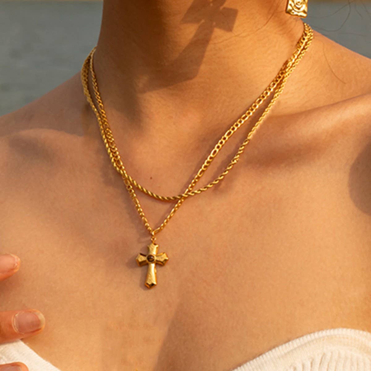 FRENCH PLEATED GOLD CROSS DOUBLE NECKLACE_CWAJE1899