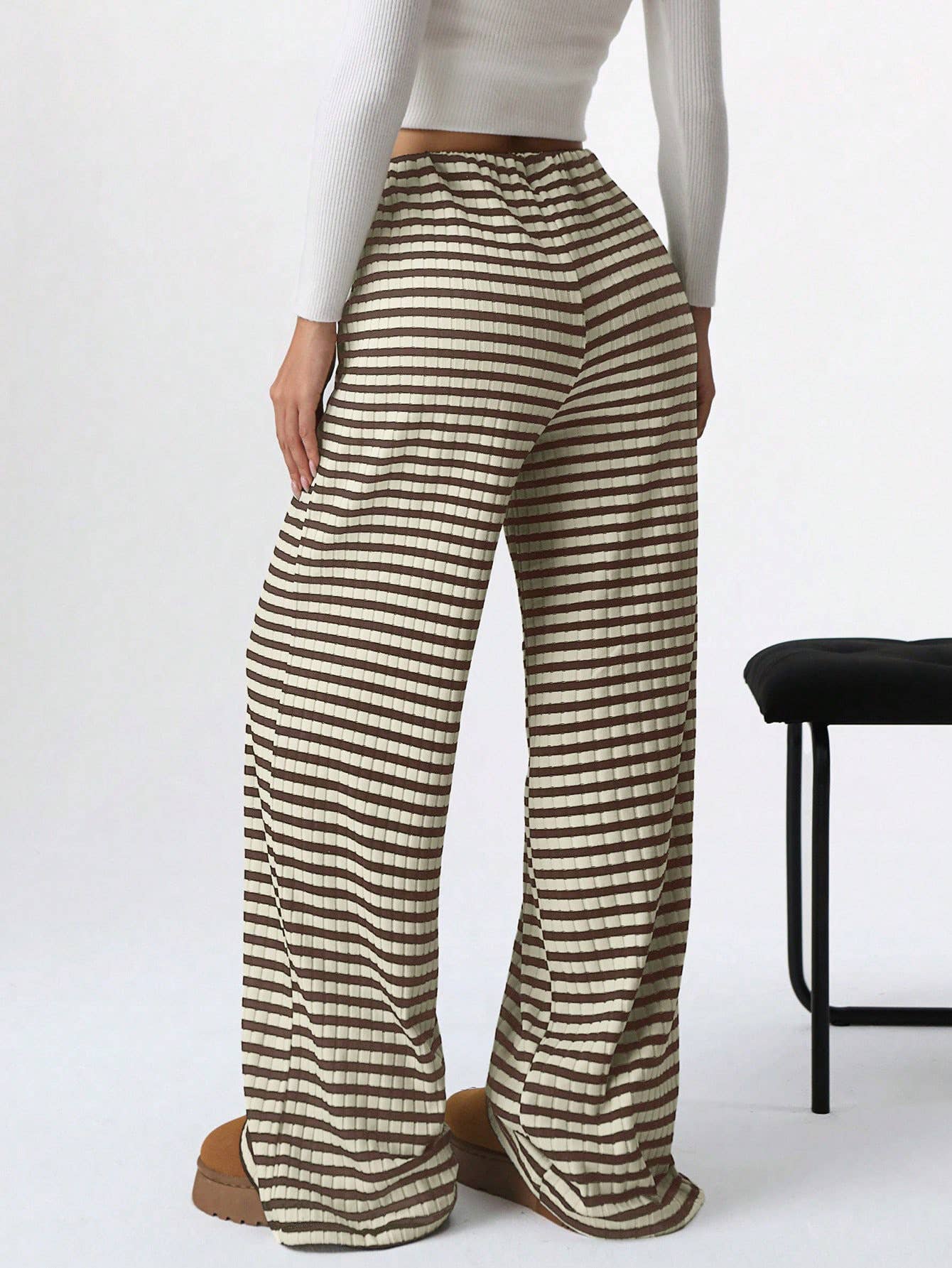 Striped Rubber String Cotton Straight Leg Pants