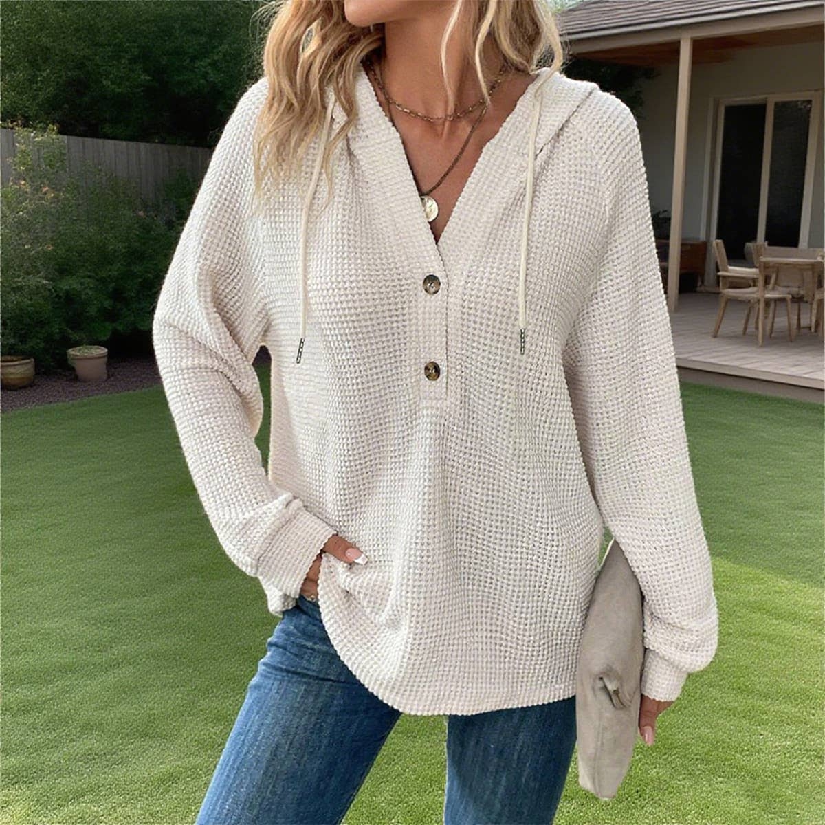 Solid-Color Hooded Loose Long-Sleeved Sweatshirt_Cwohol1143