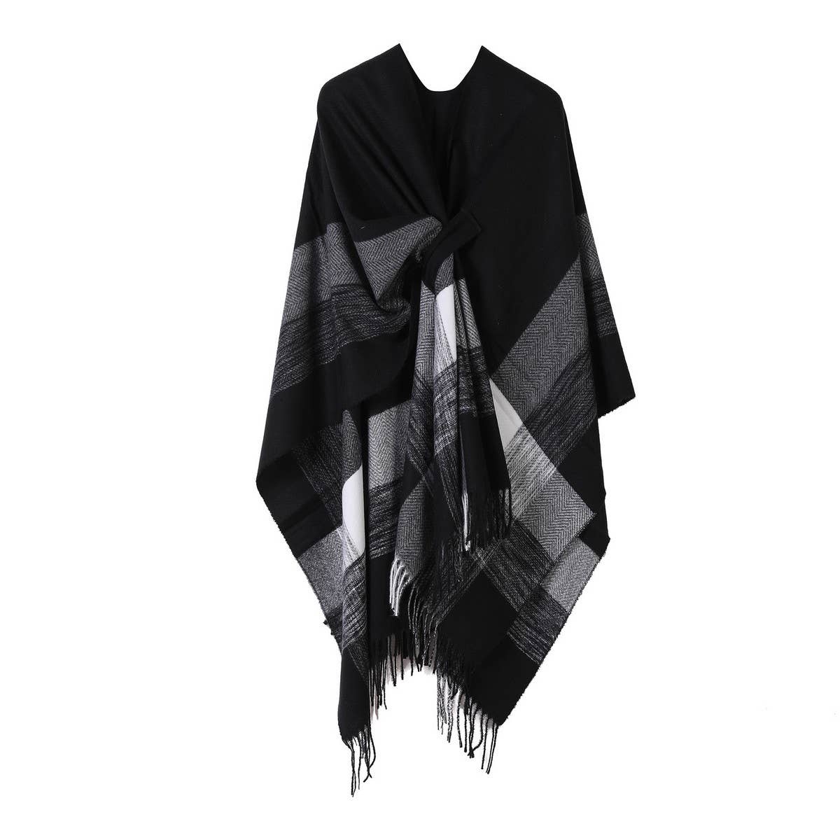 FRINGED CAPE FIXED TIE SHAWL FAUX CASHMERE SCARF_CWASC2160