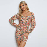 Square Neck Floral French Waist Slimming Dress