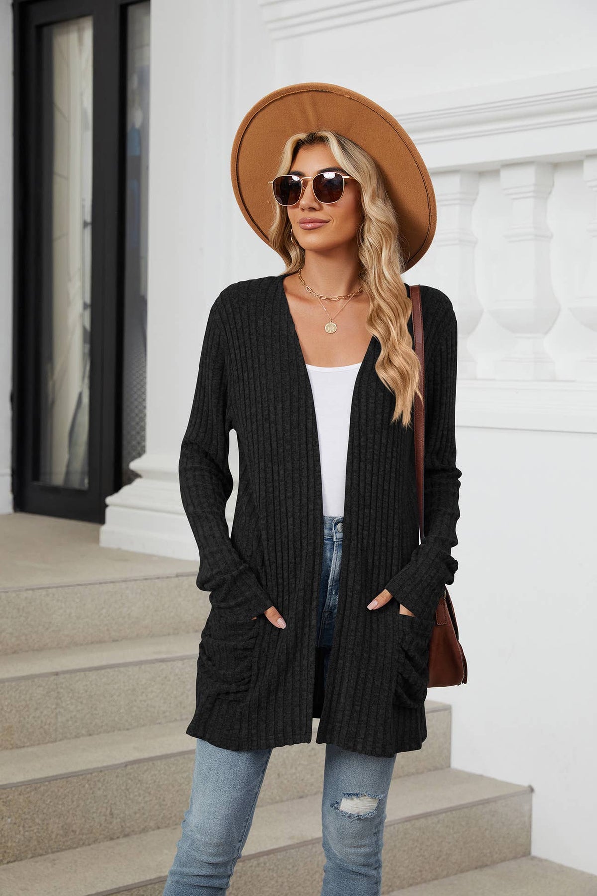 Solid-Color Casual Pocket Long-Sleeved Cardigan