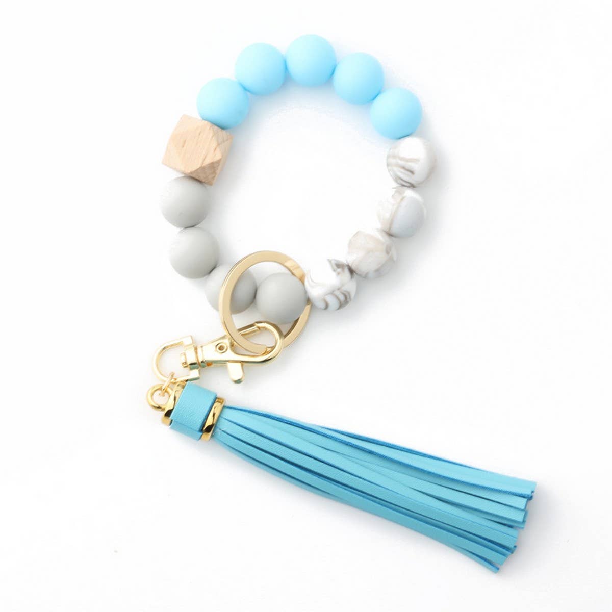 TASSEL WOOD SILICONE BEAD BRACELET KEYCHAIN_CWMM7018