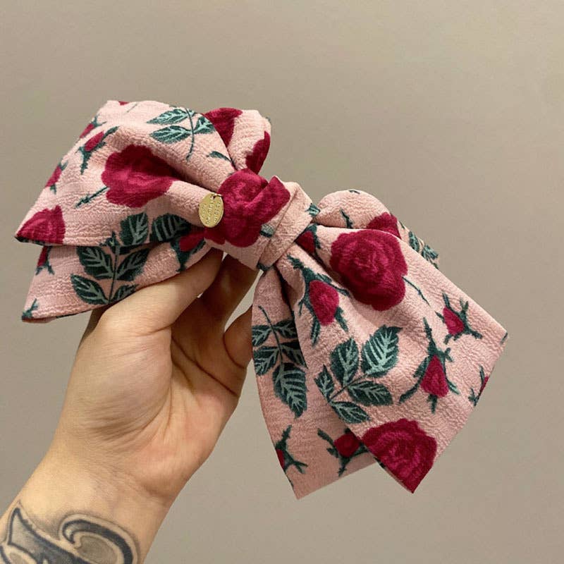 French Vintage Fabric Rose Bow Hair Clip