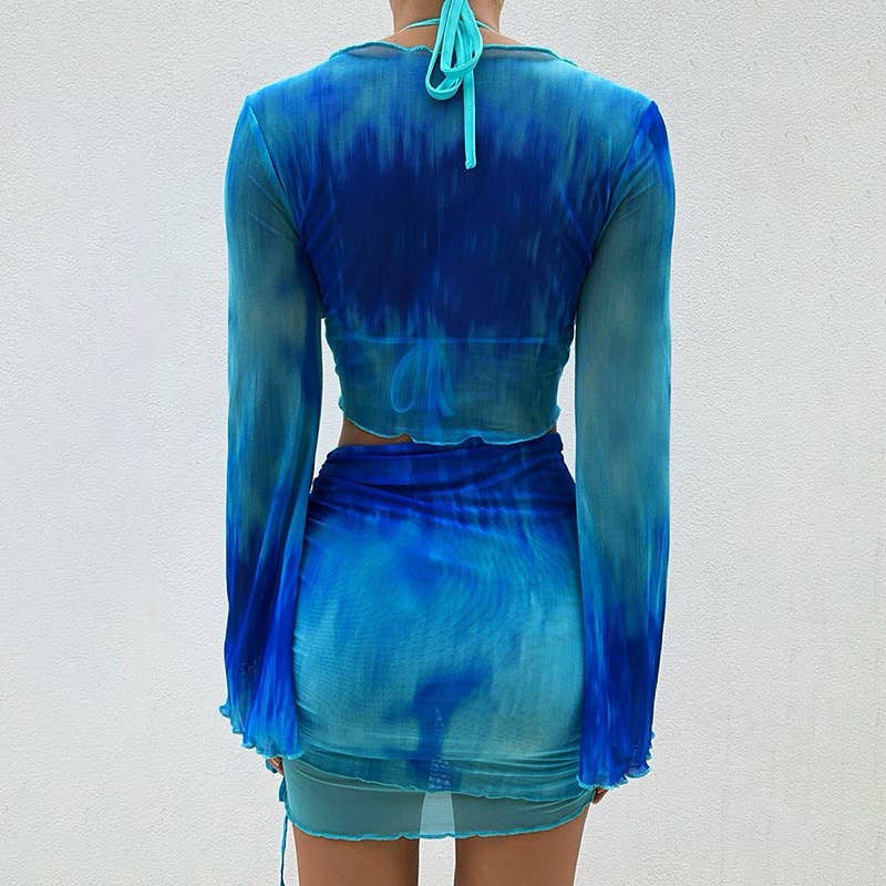 Tie-Dye Print V-Neck Mesh Long Sleeve Skirt Set