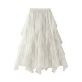 RUFFLED MESH PANEL HIGH WAIST PLEATED MIDI SKIRT_CWBMS0381