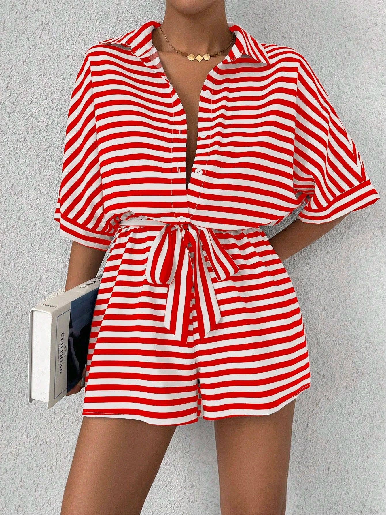 Striped Lapel Belted Shorts Short Sleeved Onesie