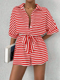 Striped Lapel Belted Shorts Short Sleeved Onesie