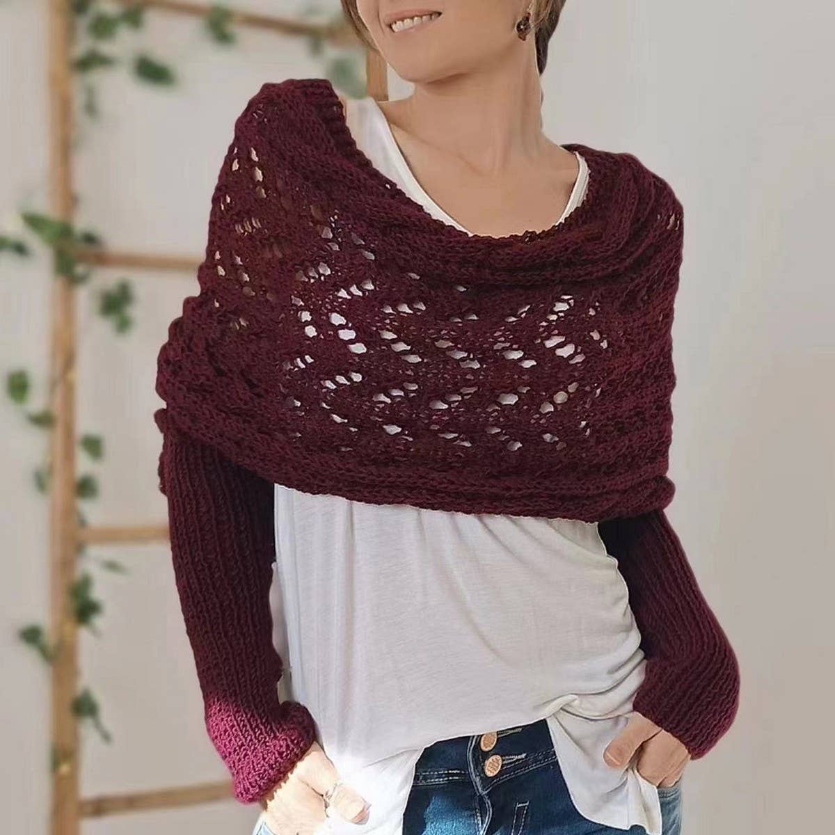 Cwasc1793_Twisted Hollow Long Sleeve Shawl Collar Scarf