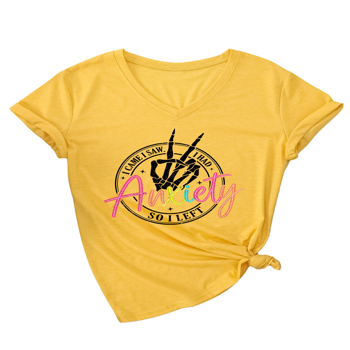 Trendy V-Neck Tee I Came Saw Print