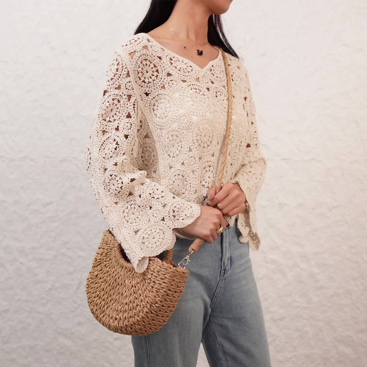 SOLID COLOR SEMI CIRCLE HANDMADE STRAW BAG_CWAB4696