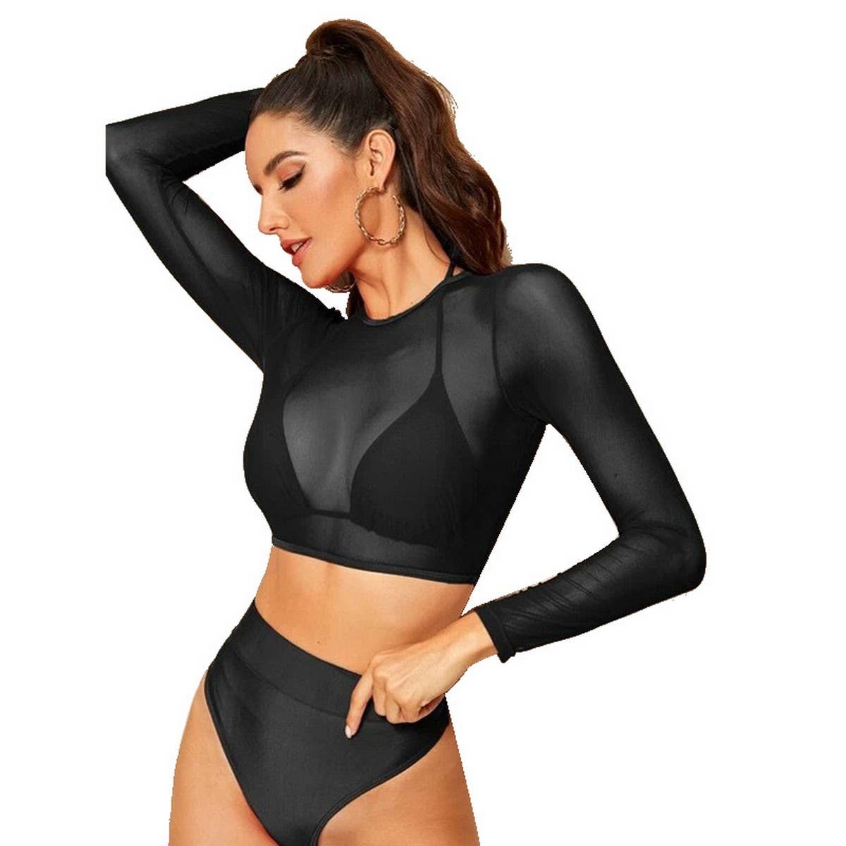 LONG SLEEVE COVER UP BIKINI SET HIGH WAIST SWIMSU_CWMW0190