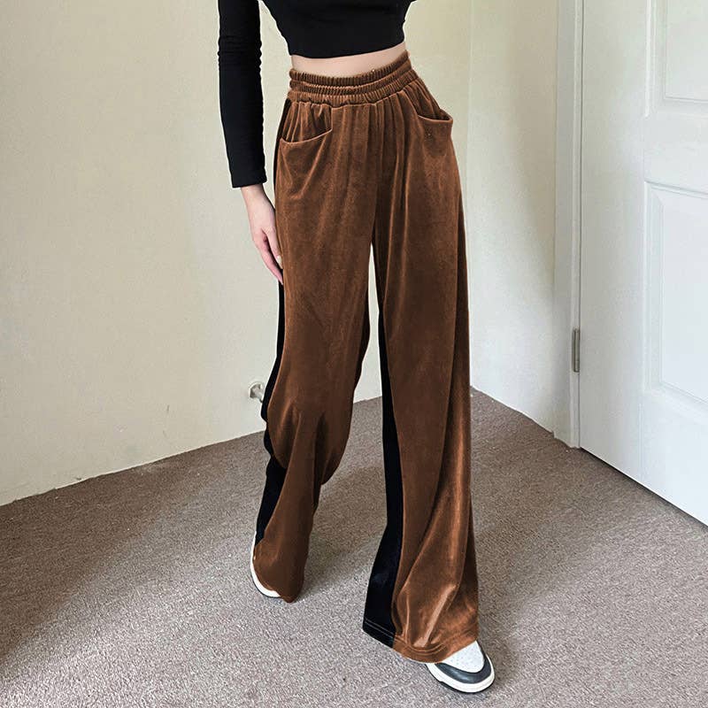 Suede Waist Waist Full Vertical Patchwork Pants