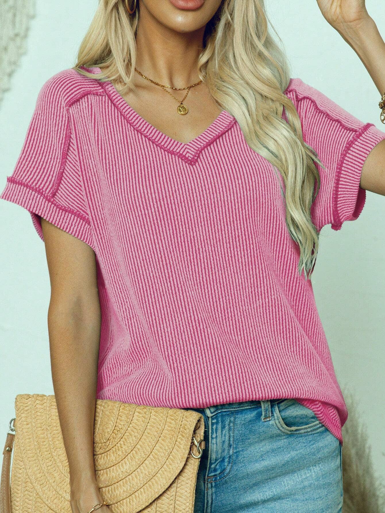 Womens Fashion Colorblock Twist V-Neck Tee