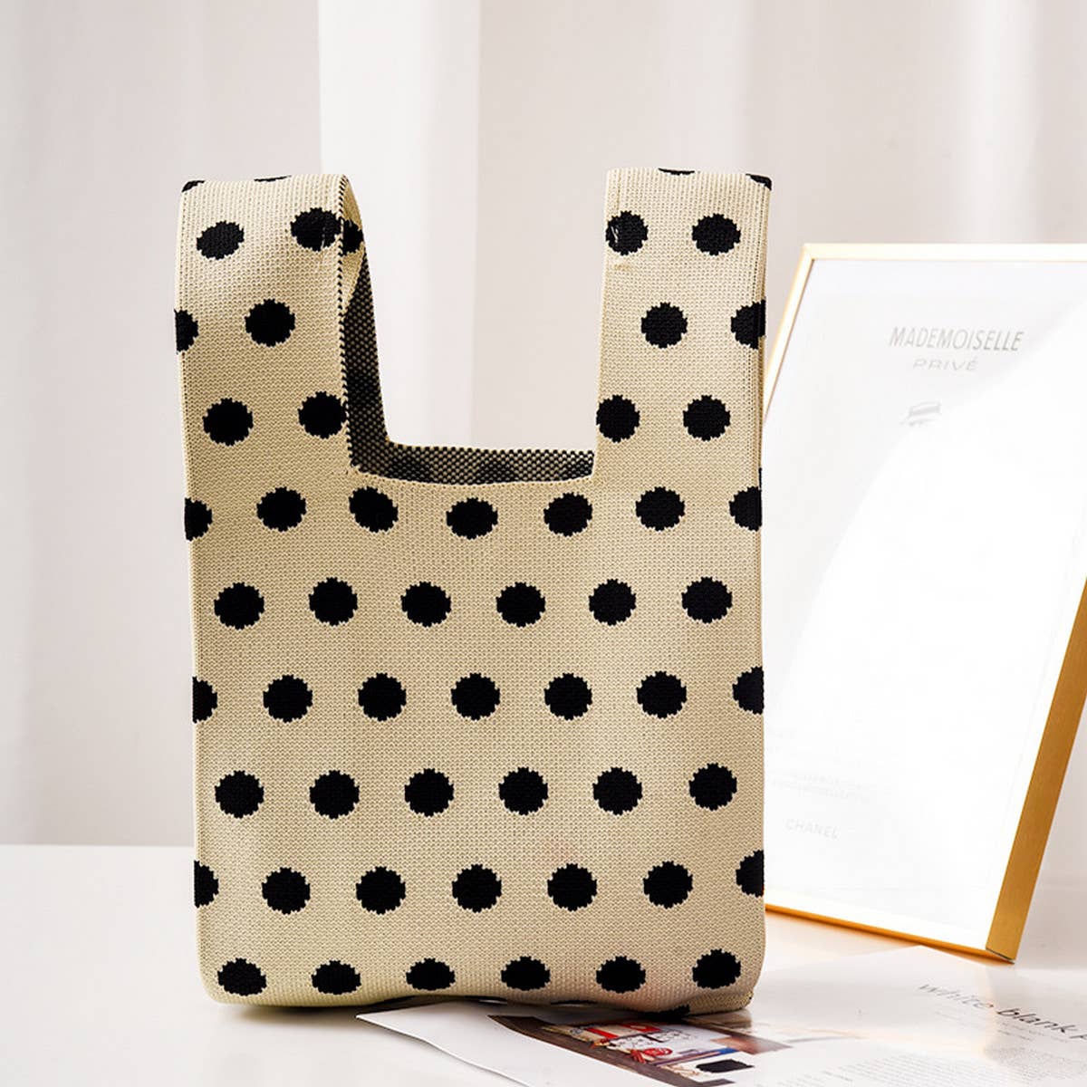 COW PATTERN CUTE KNOT WRISTLET KNITTED TOTE BAG_CWAB0880
