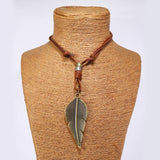 Vintage Leaf Pendant Cowhide Necklace_Cwmm4617