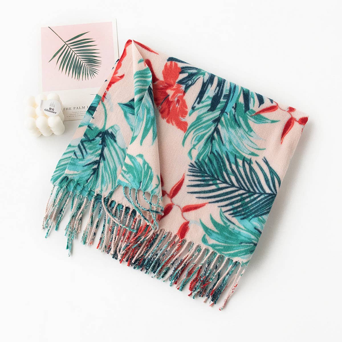 LEAF PRINT TASSEL SCARF SOFT FAUX CASHMERE WRAP_CWASC0915