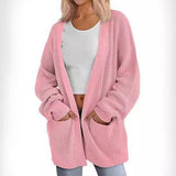 Solid Color Long Knit Women Pocket Cardigan Coat