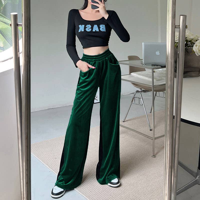 Suede Waist Waist Full Vertical Patchwork Pants
