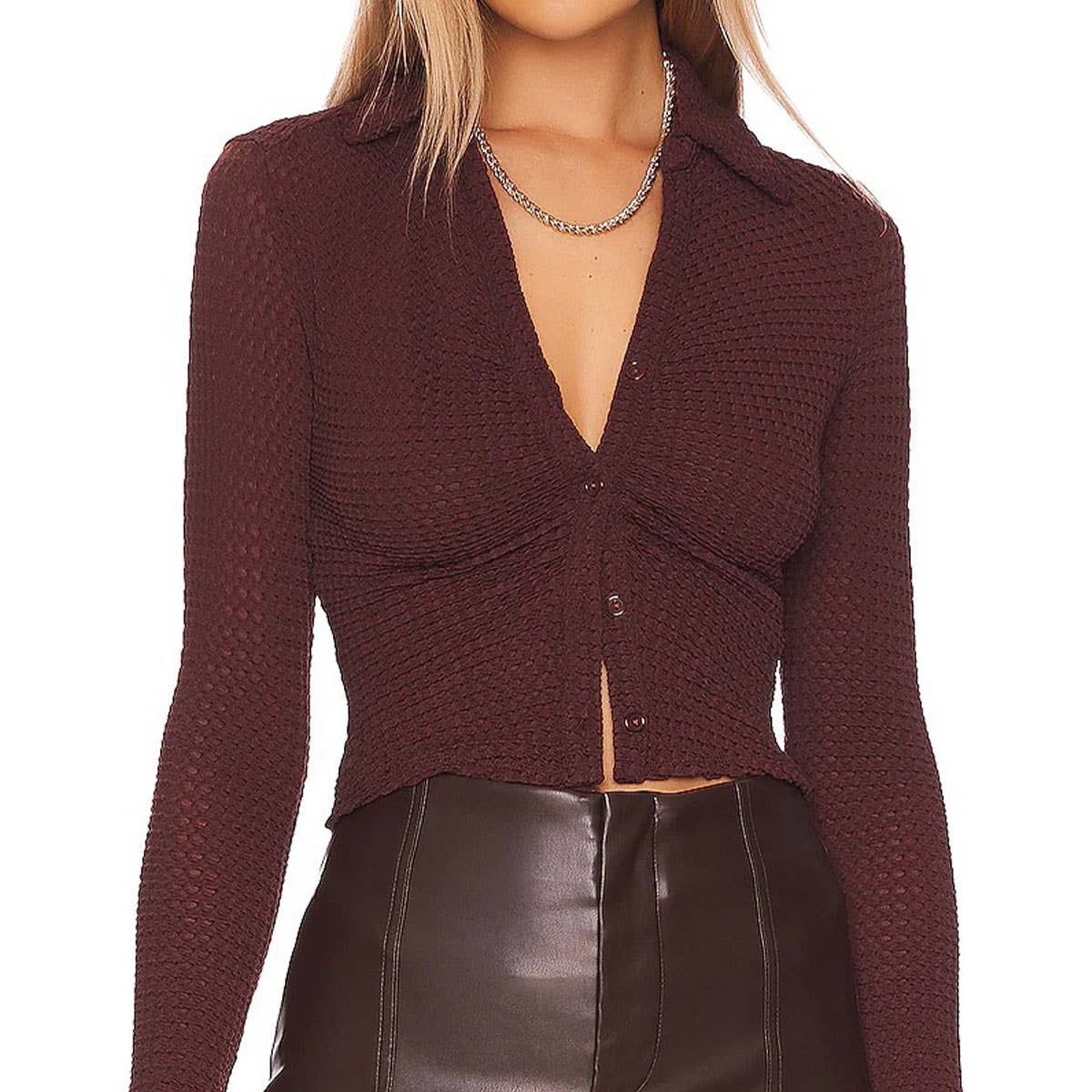 Waffle Solid Color Long Sleeve Knit Shirt