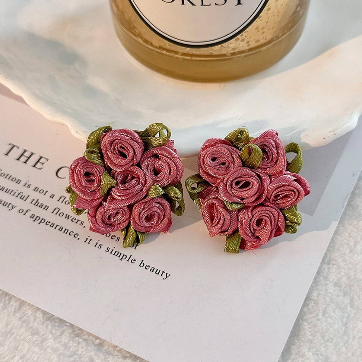 HANDMADE ROSE CHIC FRESH FABRIC STUD EARRINGS_CWMM6267