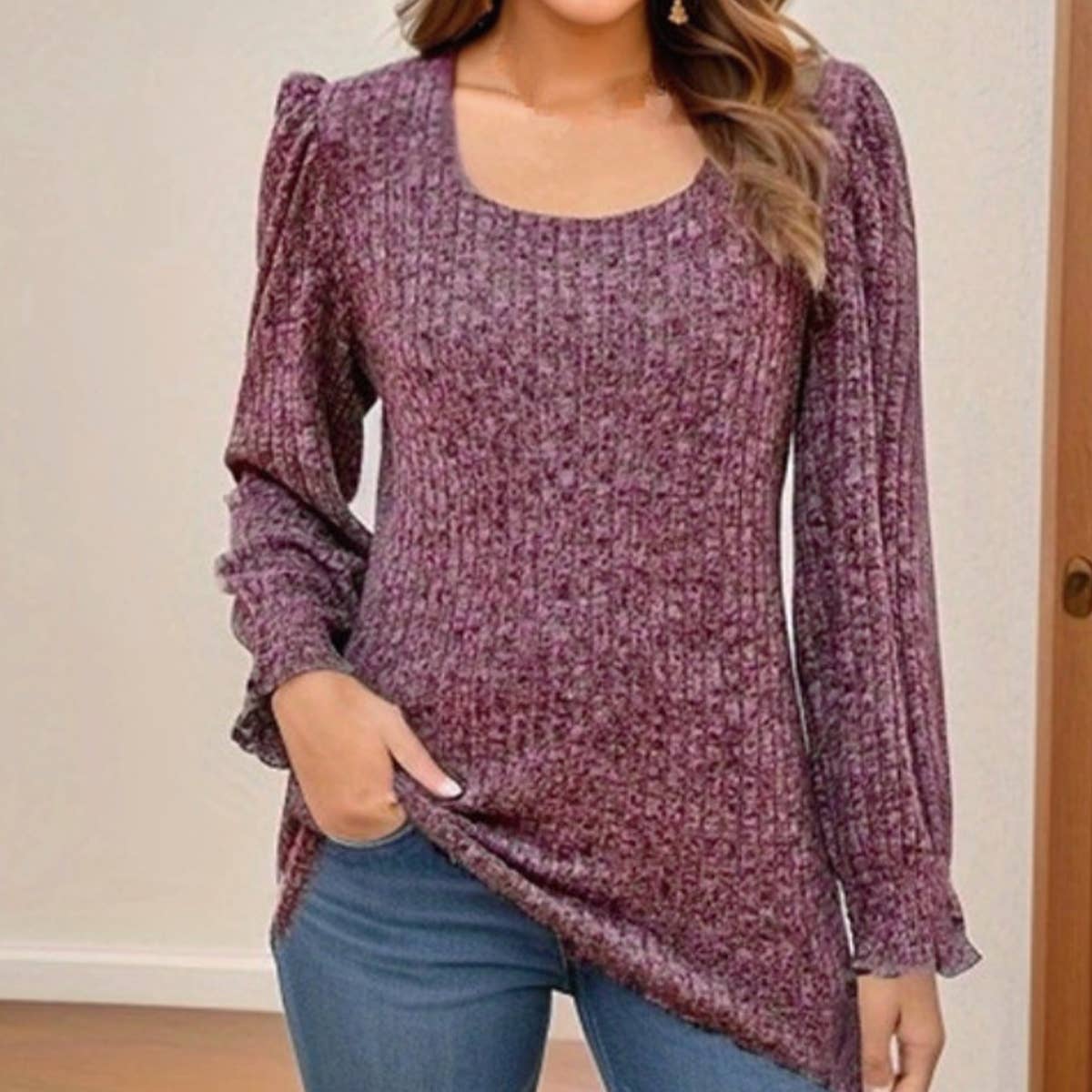 Womens Woolen Pit Strip Long Sleeve T-Shirt