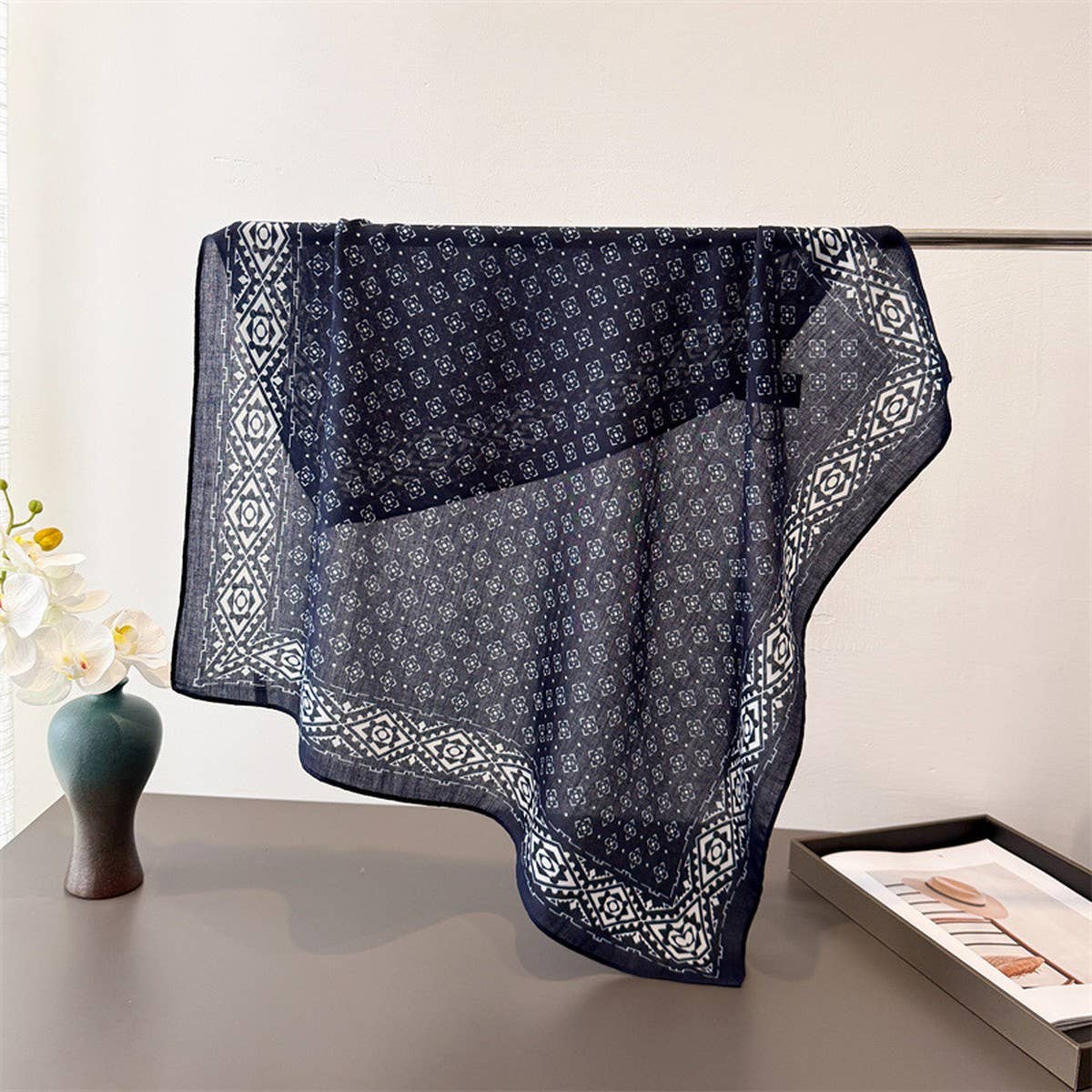 Geometric Herringbone Cotton Linen Square Scarf_Cwasc03433