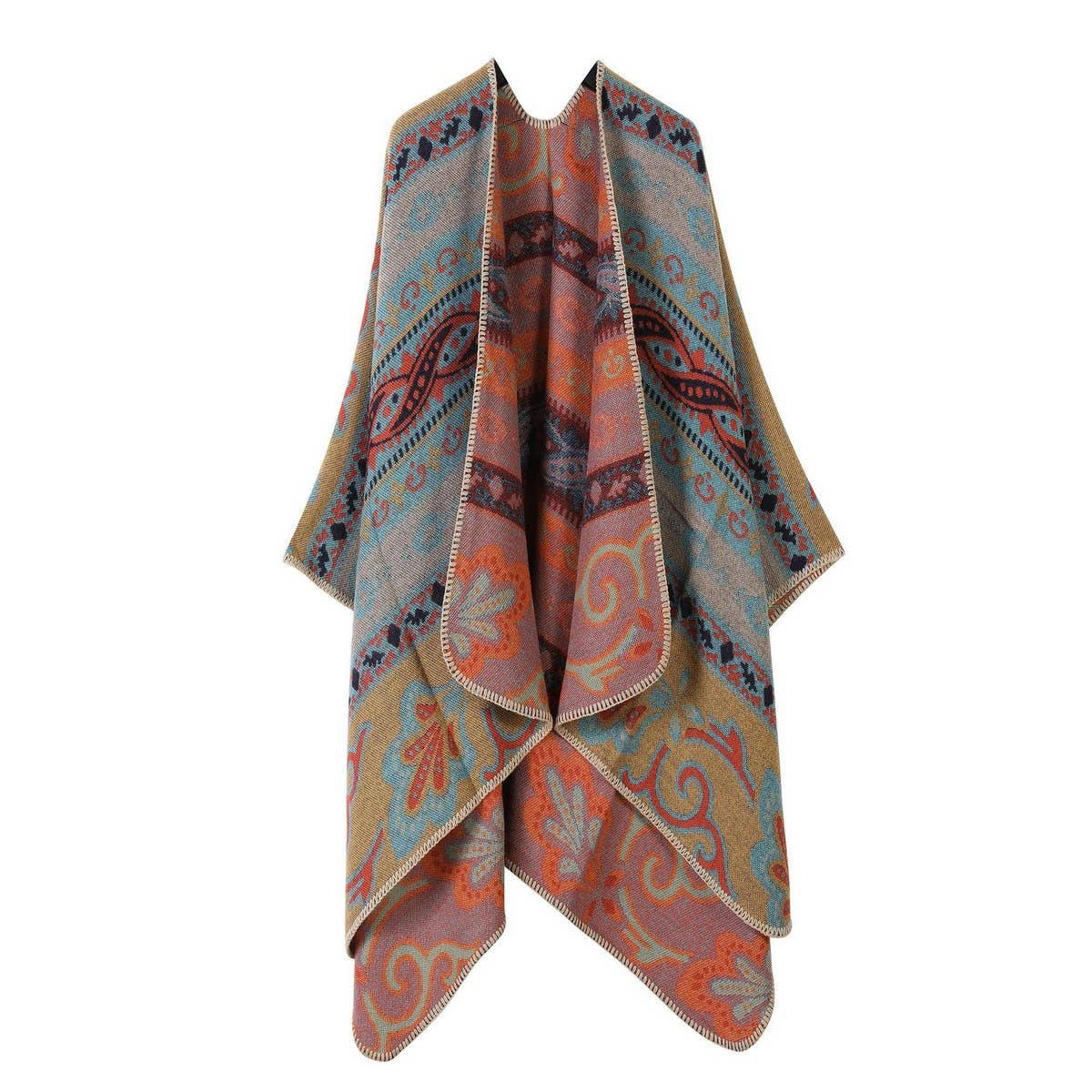 SHAWL FAUX CASHMERE JACQUARD SLIT CAPE SCARF_CWASC2231