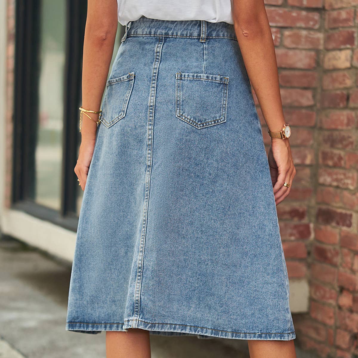 Washed Denim Button Front Skirt For Women Slim_Cwjsk0202