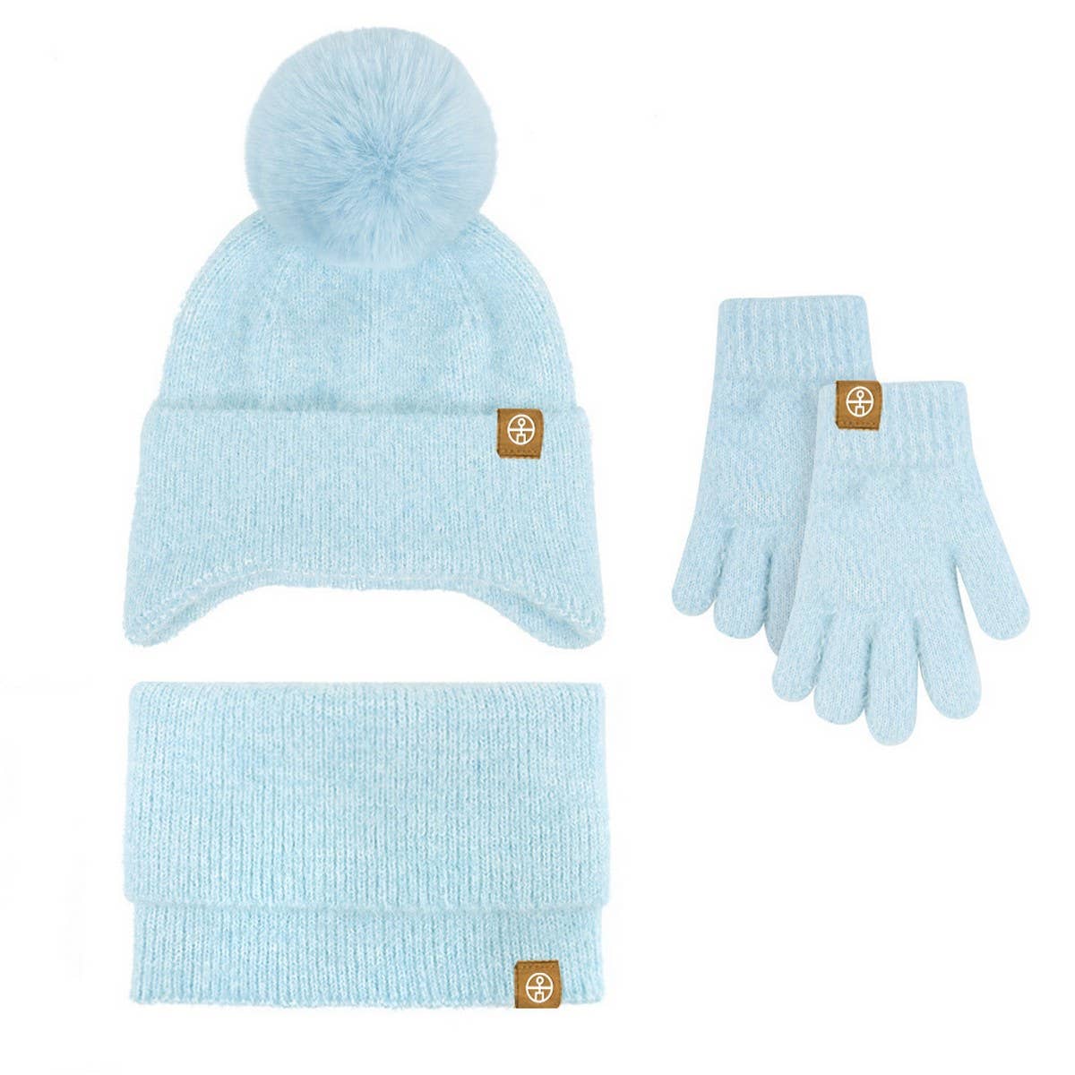 KNITTED POM POM EARMUFF HAT THREE PIECE SET_CWMM2804