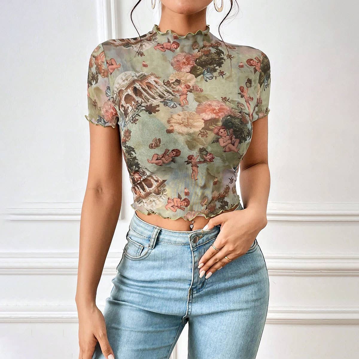 FLORAL PRINT MESH TOP WITH RUFFLE DETAILING_CWTBLS1510