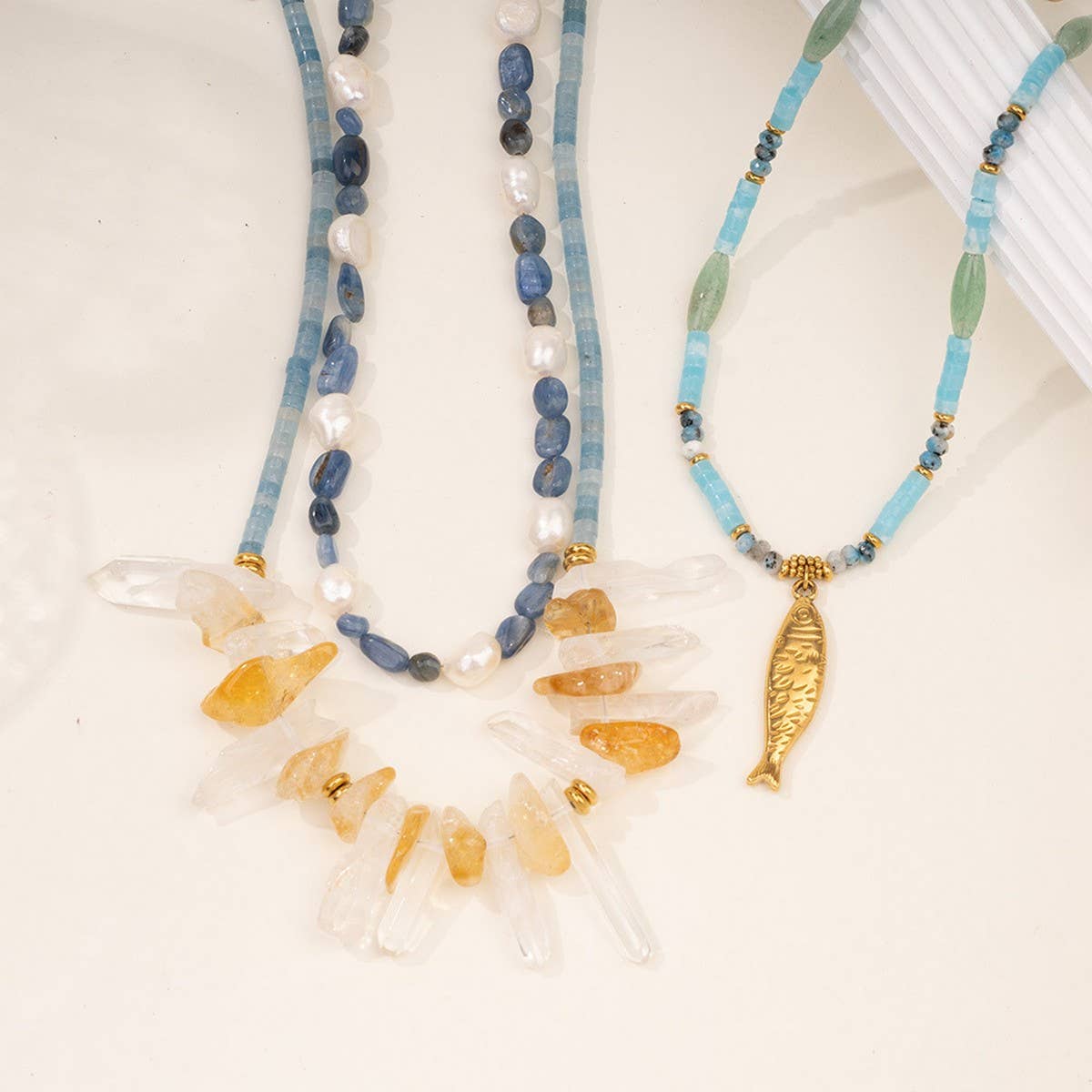 STAINLESS STEEL FISH PEARL NATURAL STONE NECKLACE_CWMM7543