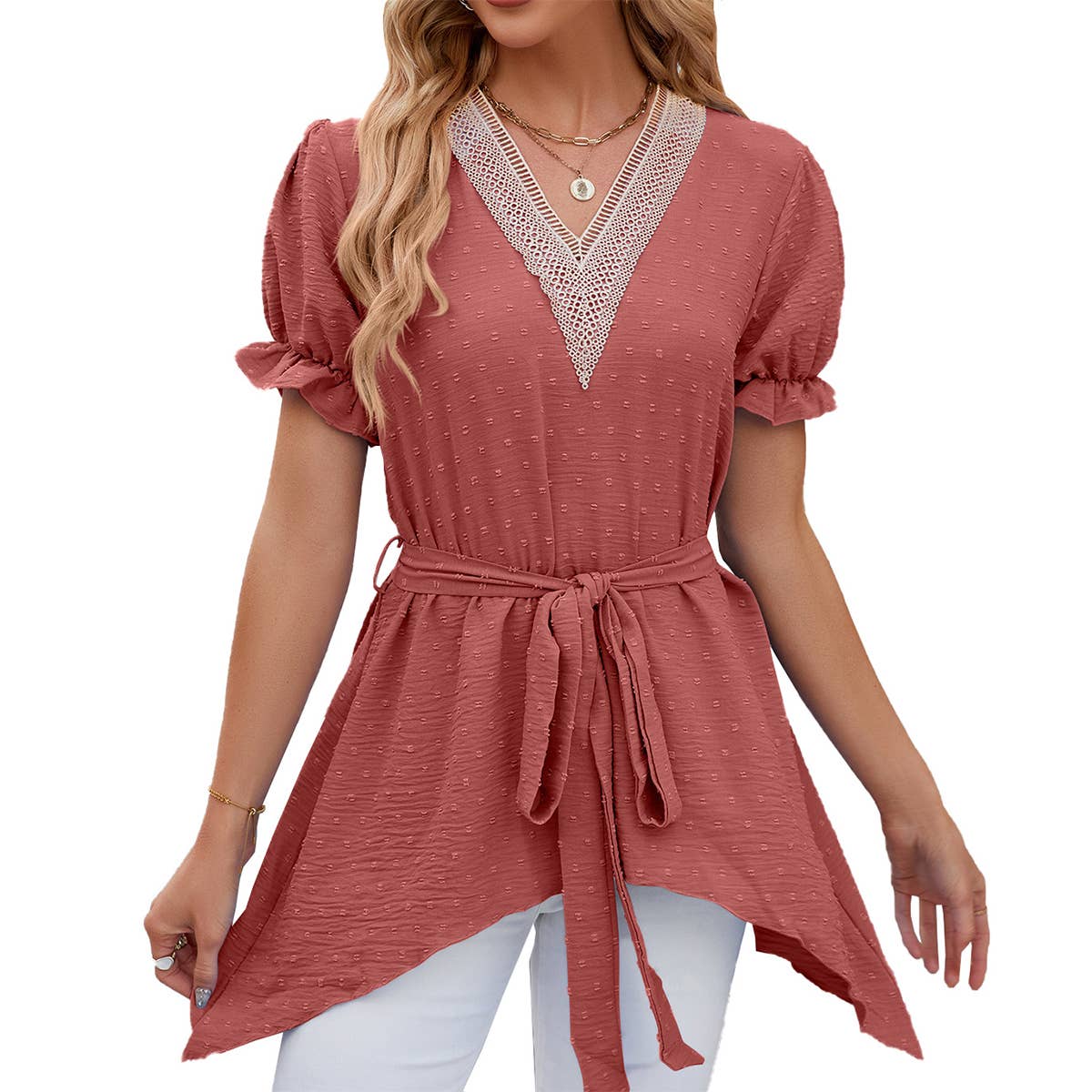 V-Neck Lace Jacquard Lace Up Short Sleeved Dress