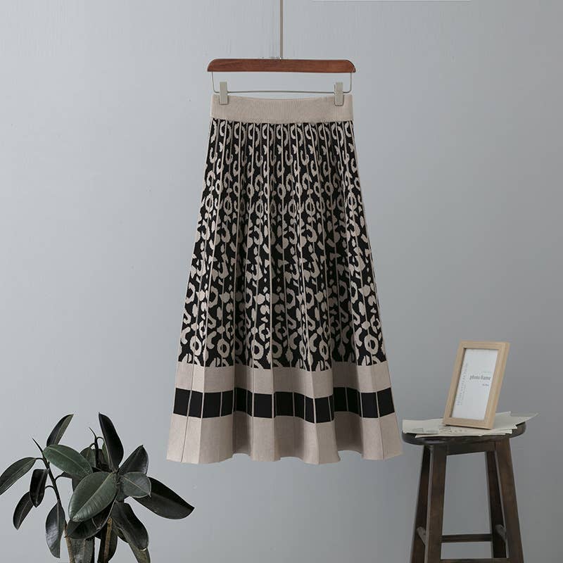Vintage Leopard Print Contrast Knit Skirt