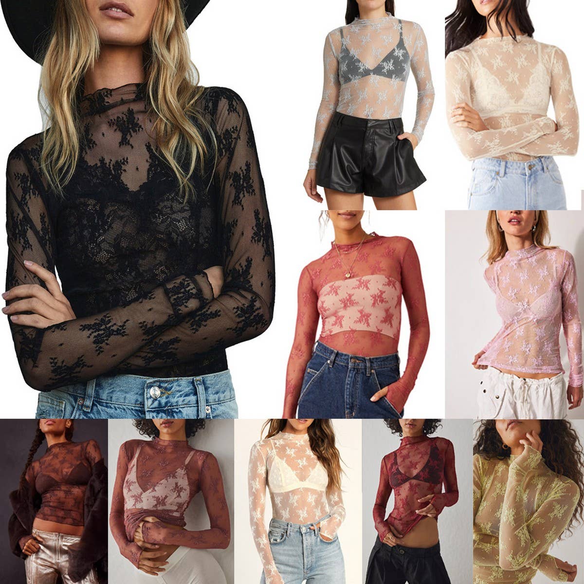 SEMI SHEER MESH LACE TOP BOTTOMING SHIRT_CWTBLL2660