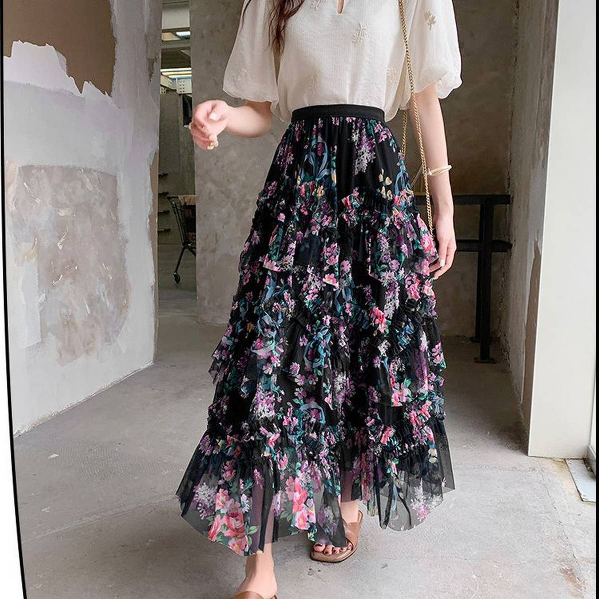 COLORFUL FLORAL MESH PRINT PLEATED TULLE SKIRT_CWBLS0399