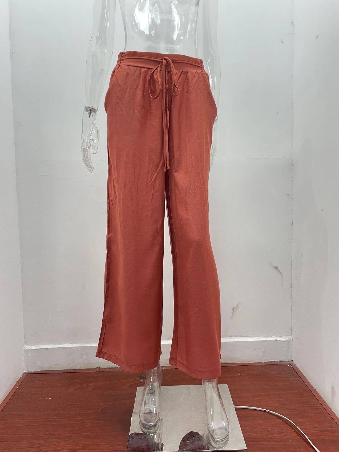 Solid-Color Loose Tight Waistband Wide-Leg Pants