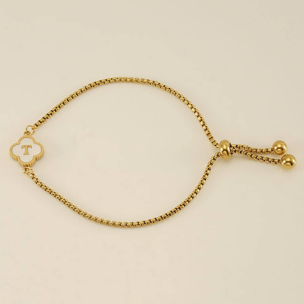 Cwaje1959_Adjustable Four Leaf Clover Letter Shell Bracelet